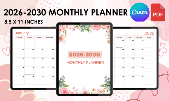 Download 2026-2030 Monthly Planner Canva Template - 2030 Collection